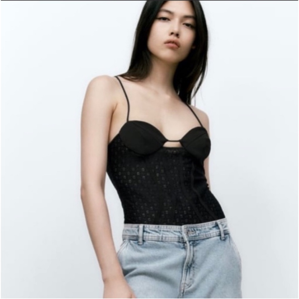 NWT Zara Sheer Strappy  Lace Black Bodysuit Top, with Snap Closure.  Size Large